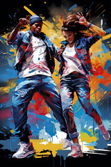 Fototapeta na wymiar teenage black boy and girl dancing hip hop style, grafitti background, illustration
