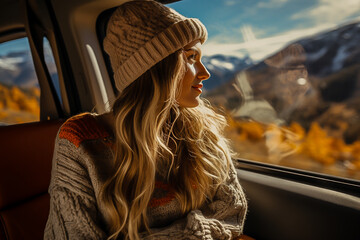 beautiful girl rides in a car in the mountains in winter, traveling on vacation - obrazy, fototapety, plakaty