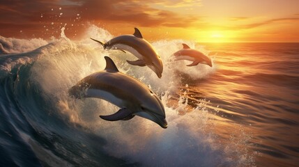 A pod of white dolphins gracefully leaping out of ocean waves.