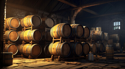 Old cellar with bottles and barrels under castle making wine. - obrazy, fototapety, plakaty