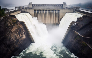 Hydroelectric dam letting water flow. AI Generative