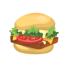Delicious american burger. Cheeseburger, humburger, sandwich of ingredients: bun, meat, tomato, cheese, sauce, salad. Fast food, unhealthy eating. Flat isolated vector illustration on white background