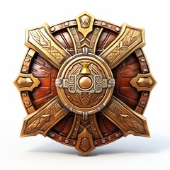 Naklejka premium 3D shield with a fantasy theme, including magical runes and symbols, isolated on white background