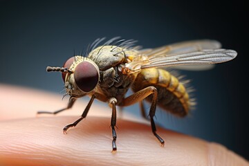macro shot of sand fly sitting on the persons finger, neglected tropical disease threat like leishmaniasis