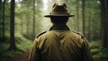 Forest ranger with green hat walking through wooded landscape and inspecting national park, generative ai illustration