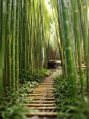 Narrow pathway through bamboo wood forest, generative ai illustration