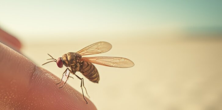 macro shot of sand fly sitting on the persons finger, neglected tropical disease threat like leishmaniasis