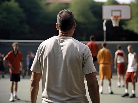 Basketball coach on outdoor pitch during sports training looking over the team, generative ai illustration