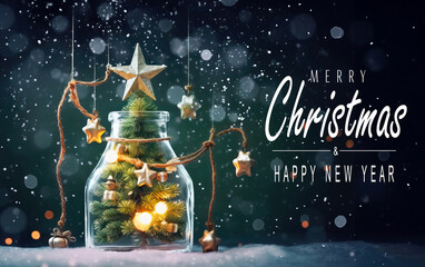 Christmas tree in glass jar decoration. Merry christmas and new year greeting card with text Calligraphic - obrazy, fototapety, plakaty