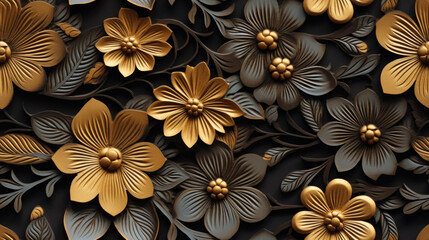 Beautiful seamless abstract color black and yellow flowers. Gold flower frame and brown leaves texture, dark background