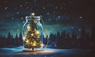 Christmas tree in glass jar decoration. Merry christmas and new year greeting card with copy space for text - obrazy, fototapety, plakaty