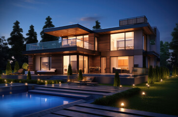 Fototapeta premium Beautiful Luxury Home Exterior in Evening with Glowing Interior Lights. Has Covered Porch with Patio Furniture and Manicured Lawn.