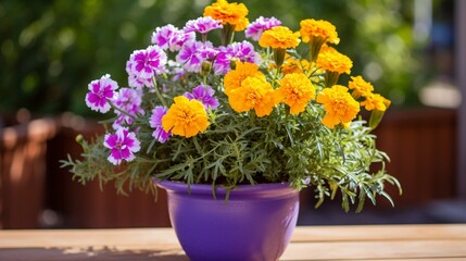 Fototapeta na wymiar A radiant marigold contrasting with a pastel lavender pot.