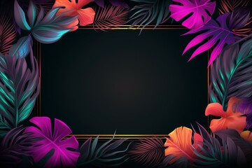 Fototapeta na wymiar Tropical leaves in neon colors and glowing gold frame. Plant idea night vibrant. Generate Ai
