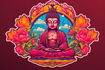 illustration of vibrant color sticker of the buddha with buddhist, Generative ai