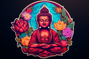 illustration of vibrant color sticker of the buddha with buddhist, Generative ai - obrazy, fototapety, plakaty