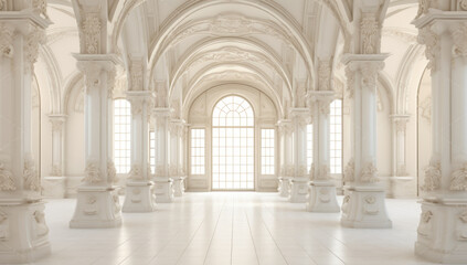 Fototapeta na wymiar Empty beautiful white hall with ornate archway.