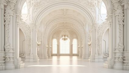 Fototapeta na wymiar Empty beautiful white hall with ornate archway.