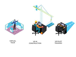 Real estate virtual tour, VR in construction, tower crane simulation, pilot training isometric 3d vector illustration concept