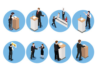 people election set with political debates campaign voting process ballot booth candidates interview isometric 3d vector illustration concept - obrazy, fototapety, plakaty