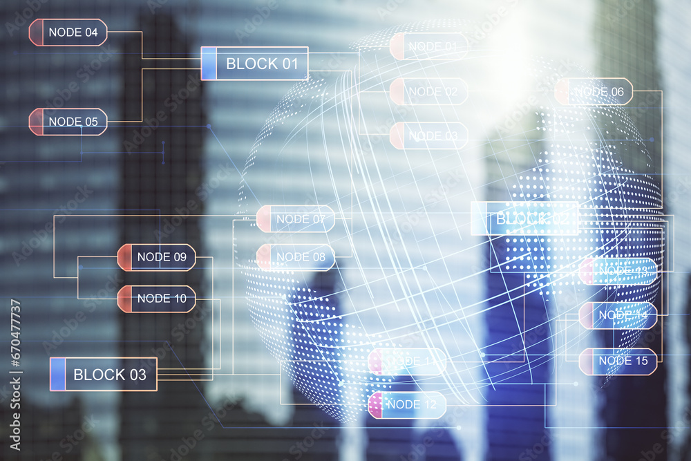 Aufkleber abstract virtual coding concept and world map hologram on office buildings background. multiexposure