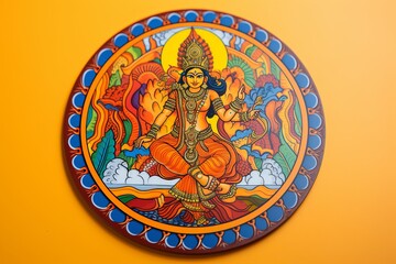 Fototapeta na wymiar illustration of Vibrant sticker in Indian folk art with orange yellow, Generative ai