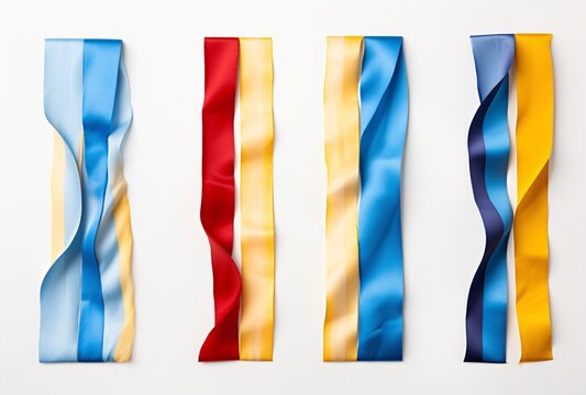 colorful cloth strips on white background, cut/ripped, primary colors