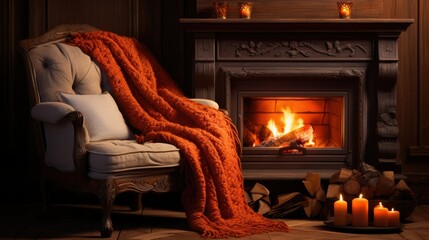 cozy cottage with a fireplace and a comfortable sofa - obrazy, fototapety, plakaty