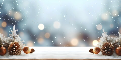 An empty table on a winter background with bokeh with elements of Christmas decor for product presentation and advertising. - obrazy, fototapety, plakaty