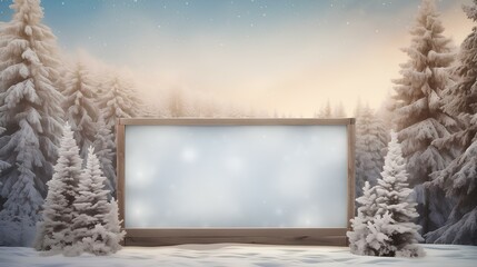 Outdoor billboard with an empty white space on a winter background of fir trees.