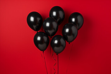 Bunch of black balloons on red wall with space text Black friday theme