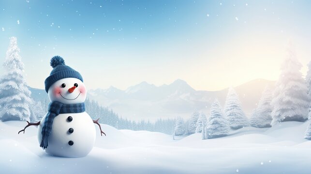 Panoramic view of happy snowman in winter secenery with copy space, generative ai