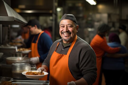 Adult dark-skinned man in an orange apron smiling, holding a plate of food.