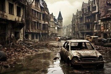 Abandoned city street with ruined buildings, flooded with muddy water and scattered cars. The concept of wars and destruction.