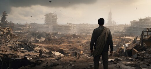 A man in a jacket stands with his back to the viewer and looks at the destroyed city, covered with ash and debris, with round birds in the sky. The concept of wars and destruction. - obrazy, fototapety, plakaty