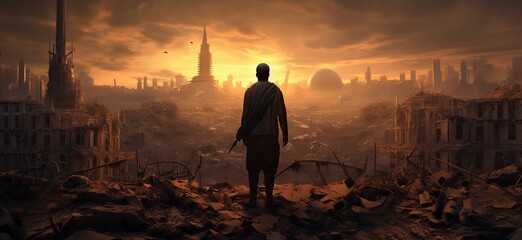 The figure of a man in monastic clothes stands looking at the devastated city against the sunset, with tall buildings and a dome in the center. The concept of wars and destruction. - obrazy, fototapety, plakaty
