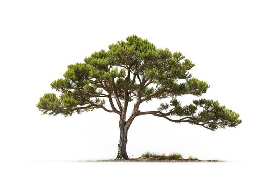 Stone pine tree isolated against white backdrop.