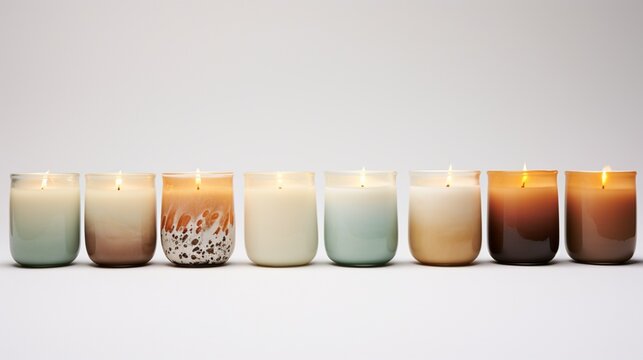 A sequence of tealight candles, each lit sequentially, showcasing the progression of wax melting, set elegantly against a white background.