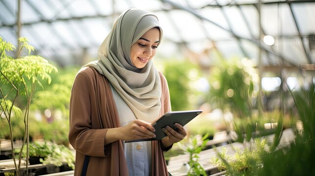 young muslim woman working in green house