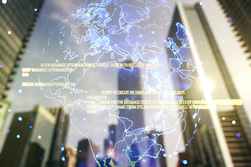 Double exposure of abstract creative programming illustration and world map on blurry cityscape background, big data and blockchain concept