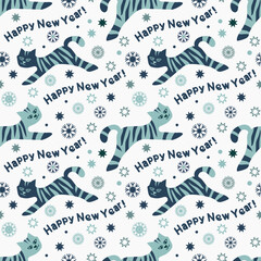 New Year рand drawn seamless pattern with cats, stars and snowflakes. Blue, green, light blue, white backround. Vector illustration. For prints, textiles, paper.