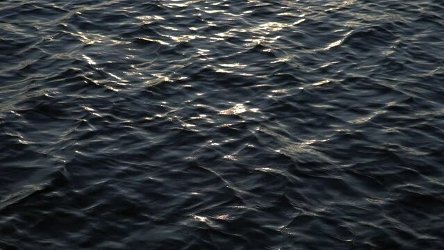 Slow motion background shot  of a dark navy blue moving water surfase in a sunset light.