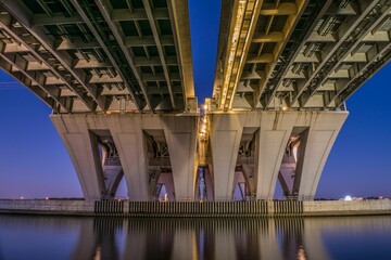 Captivating night view of the illuminated Woodrow Wilson Memorial Bridge crossing the Potomac River