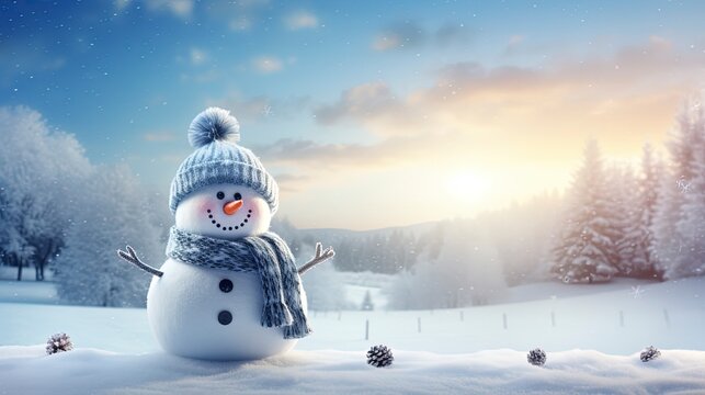 Panoramic view of happy snowman in winter secenery with copy space, generative ai