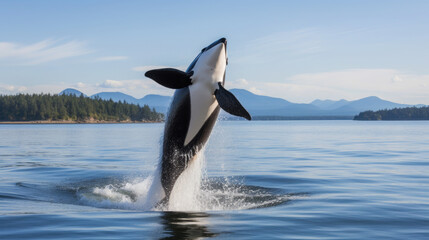 Fototapeta premium black and white killer whale emerges from the water against the backdrop of the sea and blue sky, orca, mammal, wild animal, tourism, Alaska, Greenland, Norway, coast, mountains, nature