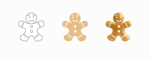 Gingerbread Men Sticker Pack. Gingerbread Man in three styles - Contour, Flat, 3D. Traditional symbol of Christmas and New Year. Design Elements for Coloring Books. Icons Set. Vector graphics