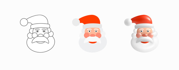 Santa Claus Faces Sticker Pack. Santa Claus Head in three styles - Contour, Flat, 3D. Traditional symbol of Christmas and New Year. Design Elements for Coloring Books. Icons Set. Vector graphics
