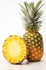 Whole and half pineapple on white background