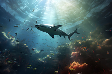 Fototapeta premium underwater animals, animal, water world, underwater fish, shark, turtles, underwater world
