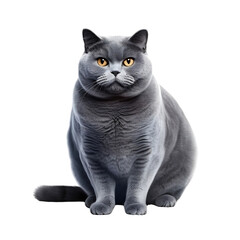 Fototapeta premium Portrait of fat british cat sitting isolated on white background cutout